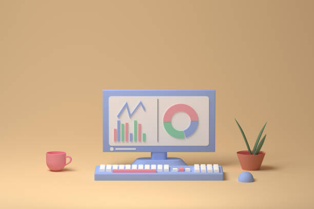 istock 3d render tabletop computer with graphs and a cup of coffee and a plant 1353488189