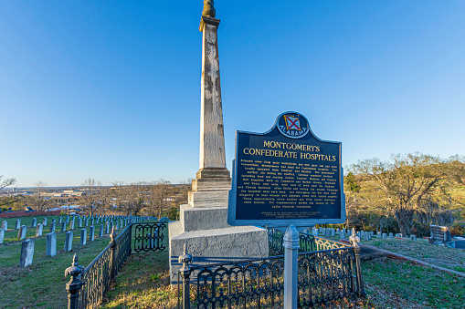 Montgomery, Alabama, USA-March 3, 2021: Commemorative marker in Old Oakwood Cemetery honoring the dead from the Confederate hospitals in Montgomery during the American Civil War.