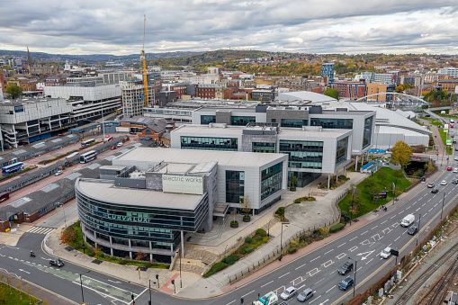 Sheffield, UK - November 4, 2021.  An aerial  view of The Sheffield Electric Works building and offices in the city centre