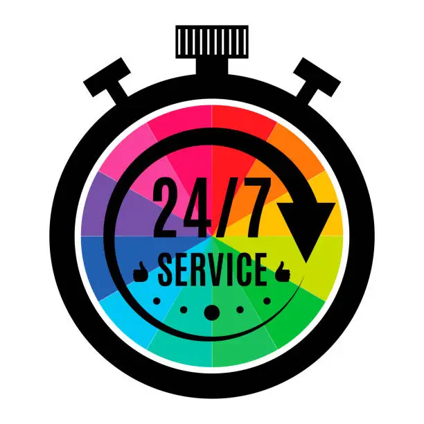 Vector illustration of 24 7 service logo, sign, symbol. Black arrow and timer, countdown, stopwatch icon with rainbow clock face on white background. Open 24h hours a day and 7 days a week. Vector illustration