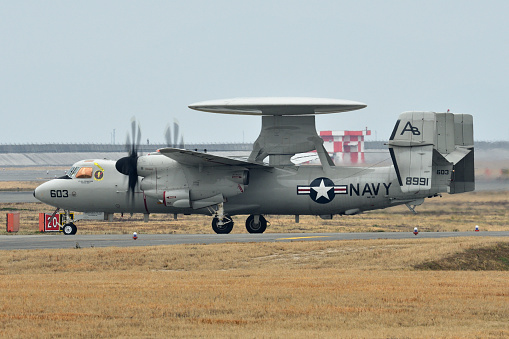 NAHA, JAPAN - April 26, 2010: Lockheed P3-C patrol aircraft of the Japan Maritime Self-Defense Force landing in Naha Airport, Okinawa, Japan