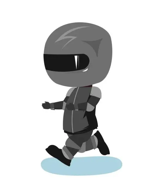 Vector illustration of Motorcyclist in a black jacket and helmet. Biker uniform. Runs. Cartoon style. Funny character. Flat design. Isolated on white background. Vrctor