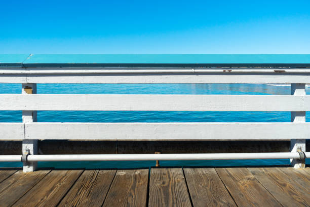 View of wooden deck in diminishing perspective view over Caribbean sea.