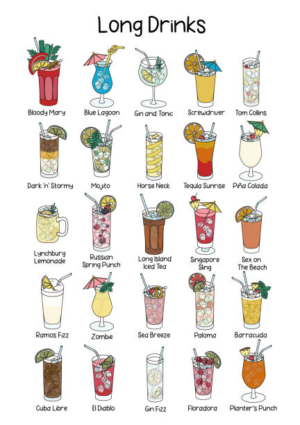 ilustrações de stock, clip art, desenhos animados e ícones de collection set of popular classic long highball cocktails gin and tonic, bloody mary, screwdriver, tequila sunrise, paloma, zombie, cuba libre etc. a4 a3 international paper size picture for posters - vector alcohol cocktail highball glass