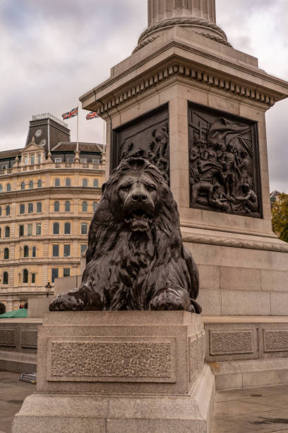 trafalgar square leone della colonna di nelson - lion statue london england trafalgar square foto e immagini stock