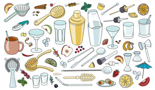 Various bar cocktail tool accessories instruments such as shaker glasses strainers jiggers. Collection set of hand-drawn doodle cartoon style vector icon illustrations. For bar menu website design Various bar cocktail tool accessories instruments such as shaker glasses strainers jiggers. Collection set of hand-drawn doodle cartoon style vector icon illustrations. For bar menu website design. garnish stock illustrations