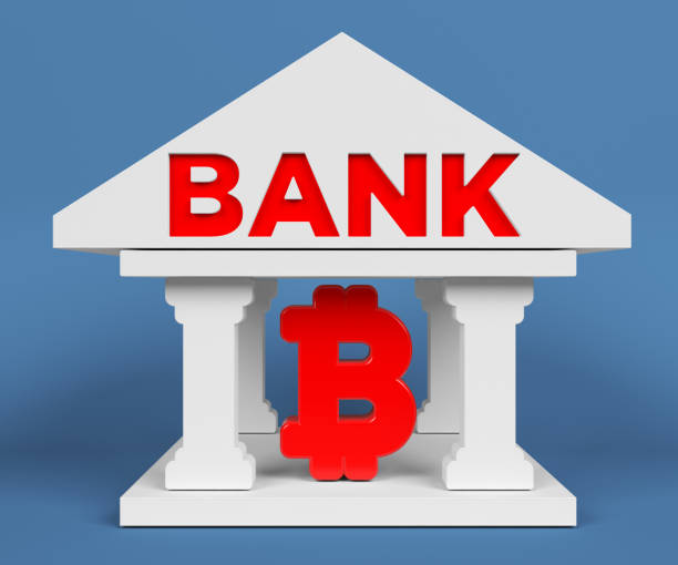 istock Red-colored Bitcoin symbol and white-colored bank icon. 1353496789