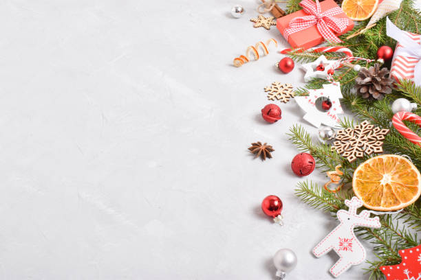 istock Beautiful background with Christmas decorations. Flat design. A place to copy. 1353499179
