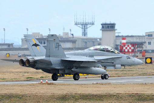 Hillsboro, Oregon, USA - May 22, 2022 : A low fly-by of an Oregon Air National Guard USAF F-15C Eagle. The Air Show in Hillsboro, Oregon is a very popular event each year. The theme for 2022 was “She Flies with her own wings.” All performers, pilots and announcers were women. Hillsboro is a suburb of the city of Portland, Oregon.