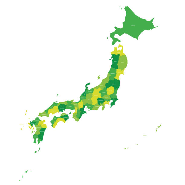 Japan - map of prefectures Green political map of Japan. Administrative divisions - prefectures. Simple flat vector map with labels. japan map fukushima prefecture cartography stock illustrations