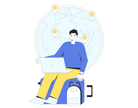 Digital nomad. Tourist sitting on a suitcase and working with laptop.  Filled line vector illustration.