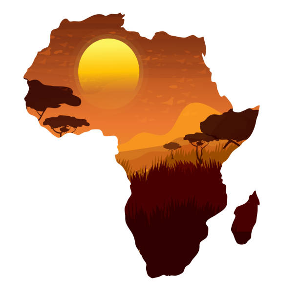 Africa map silhouette with sunset and landscape in cartoon style isolated on white background. Wild life, nature scene. Continent symbol, design element. Vector illustration