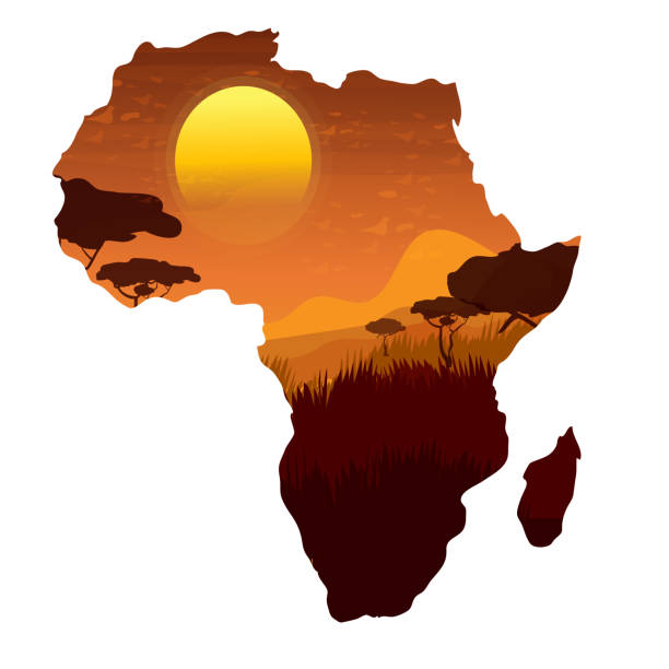 Africa map silhouette with sunset and landscape in cartoon style isolated on white background. Wild life, nature scene. Continent symbol, design element. Vector illustration Africa map silhouette with sunset and landscape in cartoon style isolated on white background. Wild life, nature scene. Continent symbol, design element. Vector illustration african continent stock illustrations