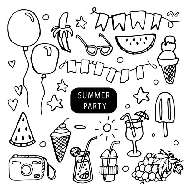 Doodles with elements for a summer holiday. Party with drinks, cocktails and ice cream Doodles with elements for a summer holiday. Party with drinks, cocktails and ice cream banana seat stock illustrations