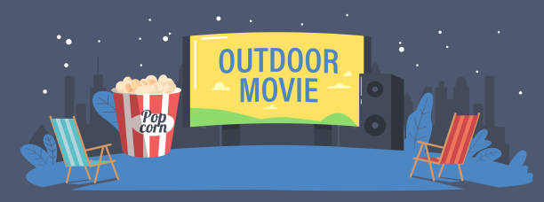 Outdoor Cinema at Night Summer Landscape, Open Air Movie Theater with Chairs, Pop Corn Bucket, Dynamics front of Screen Outdoor Cinema at Night Summer Landscape, Open Air Movie Theater with Chairs, Pop Corn Bucket, Dynamics front of Large Outdoors Screen on Starry Sky Background. Cartoon Vector Illustration movie-theater-exterior stock illustrations
