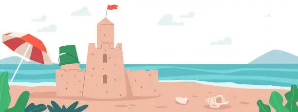 Vector illustration of Sand Castle on Sea Beach with Plastic Kids Bucket, Umbrella and Seashells. Summer Travel, Vacation, Sandcastle on Ocean