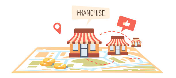 Franchise, Expanding Sme Business Model Concept. Growth Brand Chain Store, Franchising System With Shop Buildings on Map Franchise, Expanding Sme Business Model Concept. Growth Brand Chain Store, Franchising System With Shop Buildings Stand on Map with Golden Coins, Corporate Headquarter. Cartoon Vector Illustration franchise stock illustrations