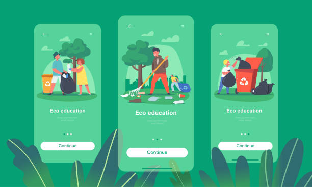 Eco Education Mobile App Page Onboard Screen Template. Children Cleaning Garden. Ecology Protection, Volunteers Eco Education Mobile App Page Onboard Screen Template. Children Characters Cleaning Garden. Ecology Protection, Social Volunteers Cleaning Garbage in Park Concept. Cartoon People Vector Illustration school cleaning stock illustrations