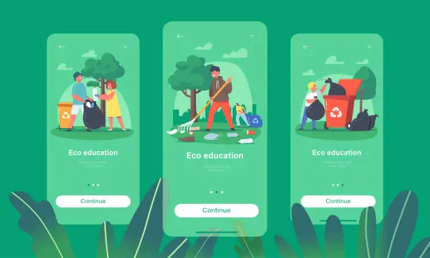 Vector illustration of Eco Education Mobile App Page Onboard Screen Template. Children Cleaning Garden. Ecology Protection, Volunteers