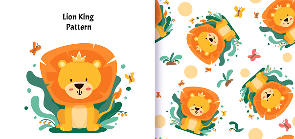 Seamless pattern with cute character lion king. Cute vector illustration for kids. Can be used for textiles print  and gift wrapping Baby Shower. Vector cartoon illustration