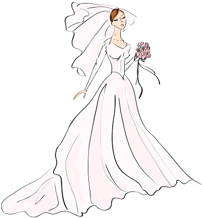 Hand drawn sketch of Bride with bouquet, veil and train