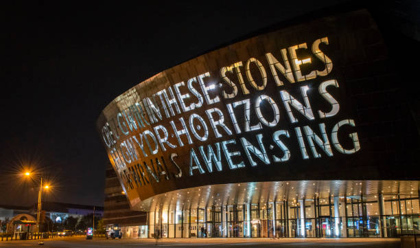 exterior del cardiff wales millennium centre iluminado por la noche - opera house opera stage theater european culture fotografías e imágenes de stock