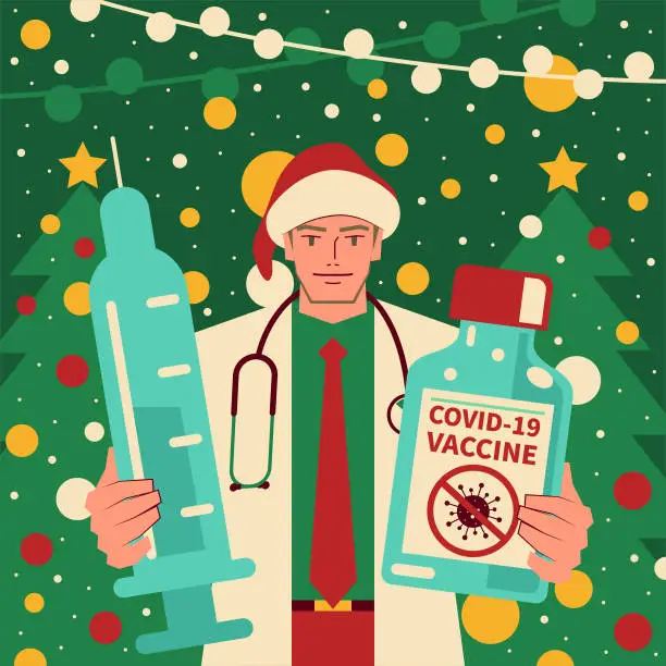 Vector illustration of Happy handsome young doctor dressed in a Santa Claus suit holding a vaccine bottle and syringe fighting against coronavirus (COVID-19, flu virus)