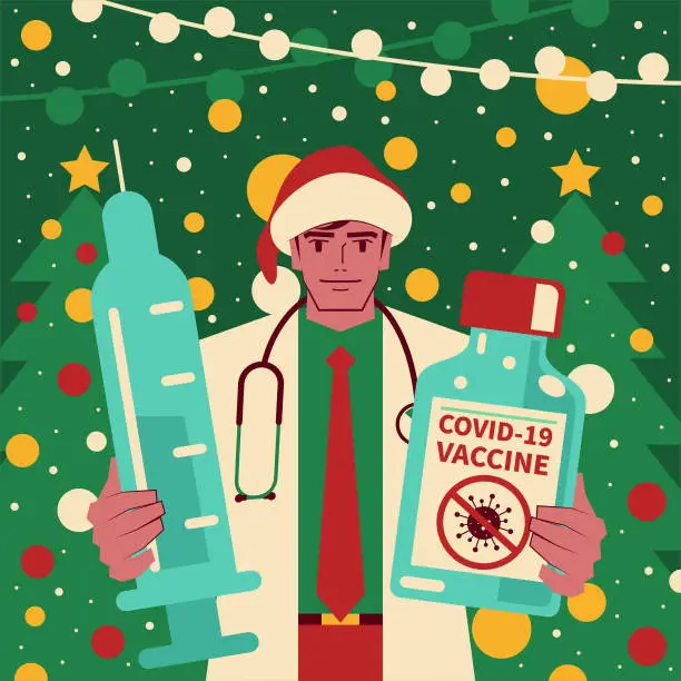 Vector illustration of Happy handsome young doctor dressed in a Santa Claus suit holding a vaccine bottle and syringe fighting against coronavirus (COVID-19, flu virus)