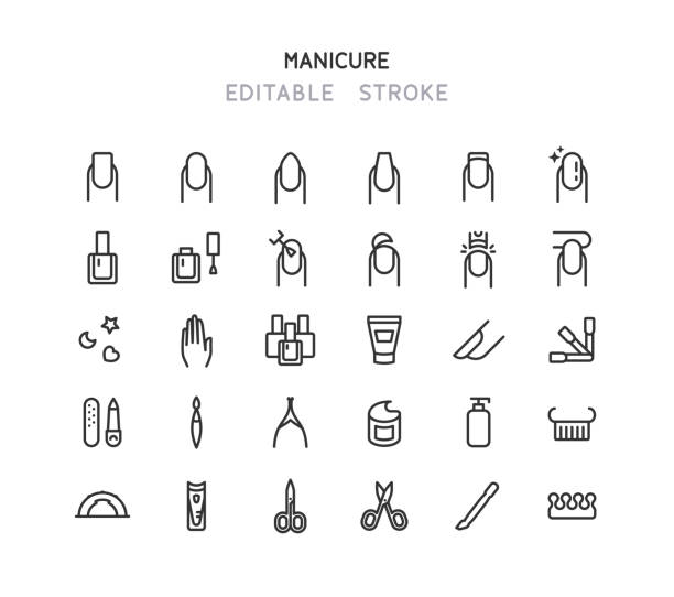 illustrazioni stock, clip art, cartoni animati e icone di tendenza di nail manicure line icone tratto modificabile - nail polish