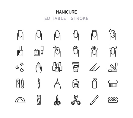 Set of nail manicure line vector icons. Editable stroke.