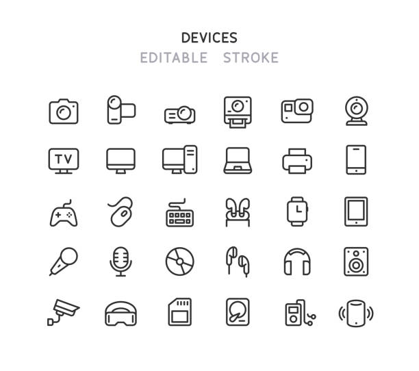 illustrations, cliparts, dessins animés et icônes de contour modifiable des icônes de ligne des périphériques - appareil photo