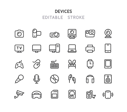 Set of devices line vector icons. Editable stroke.