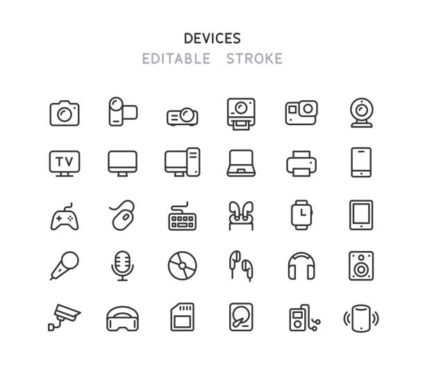 Devices Line Icons Editable Stroke Set of devices line vector icons. Editable stroke. webcam stock illustrations