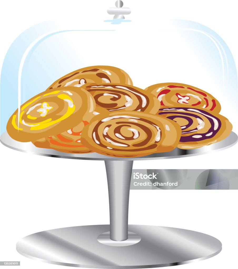 Danish or Pastries on stand and glass cover Assorted flavored pastries under a glass cake dome, like you would see at the diner. Logical layers and groupings. Apricot stock vector