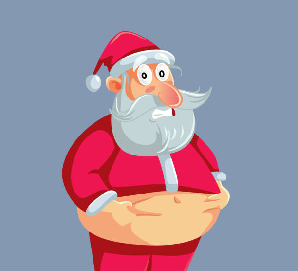 illustrations, cliparts, dessins animés et icônes de père noël en surpoids pinçant son ventre vecteur dessin animé - holiday healthy lifestyle weight christmas