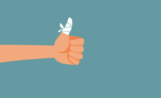 ilustraciones, imágenes clip art, dibujos animados e iconos de stock de gesto de la mano con el pulgar hacia arriba con dibujos animados vectoriales de dedos lesionados - bandage