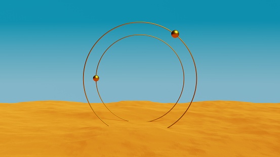 3d golden geometric round frame on sand dune.Abstract surreal desert landscape scene background.3d rendering illustration.