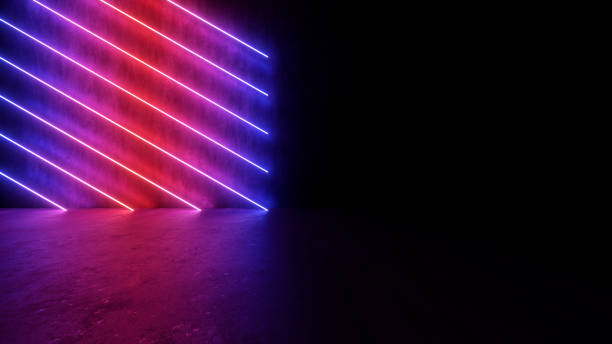 istock Sci Fy neon lamps in a dark hall. Reflections on the floor and walls. 3d rendering image. 1353518734