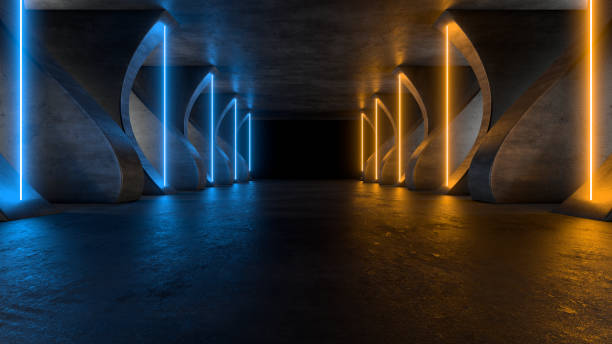 istock Sci Fy neon lamps in a dark corridor. Reflections on the floor and walls. 3d rendering image. 1353519511