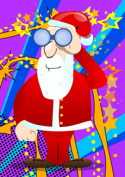 istock Santa Claus in his red clothes with white beard looking through binoculars. 1353521685