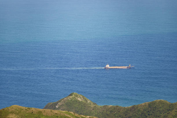 Cargo Container Ship on the sea near the coast and mountains, hong kong, daytime