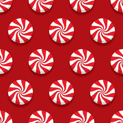Vector illustration of peppermints in a repeating pattern against a red background.