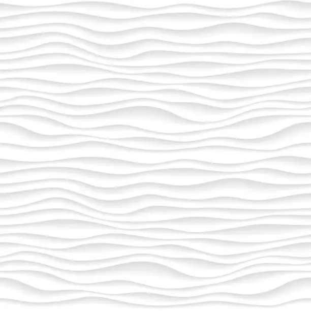 Vector illustration of Abstract gradient pattern with volumetrical waves. Dunes 3d relief, interior wall decorative panel. Curved lines background. White surface terrain texture.  Vector illustration.