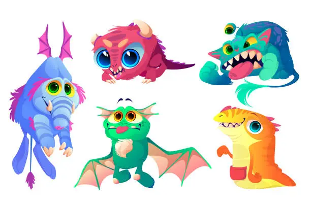 Vector illustration of Monsters set, cute cartoon characters funny aliens