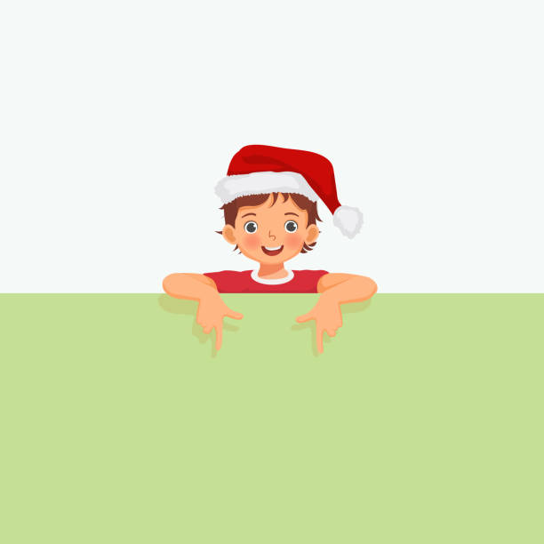 ilustrações de stock, clip art, desenhos animados e ícones de little boy wear santa hat peeking over empty banner. - christmas child little boys peeking