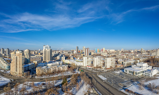 Yekaterinburg aerial panoramic view at Winter in sunny day. Ekaterinburg is the fourth largest city in Russia located in the Eurasian continent on the border of Europe and Asia. Yekaterinburg, Russia