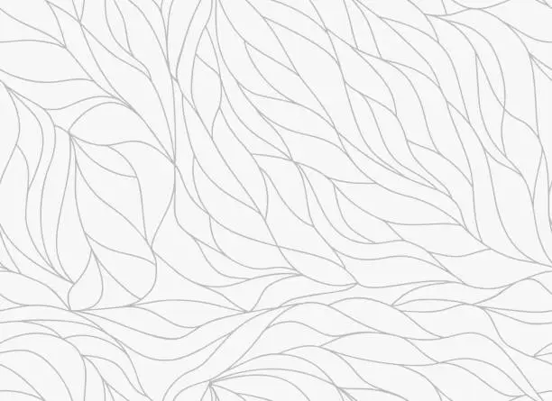 Vector illustration of Curly waves tracery, curved lines, stylized abstract petals pattern. Seamless leaf background. Golden outline white texture. Organic wallpapers for printing on paper or fabric. Vector