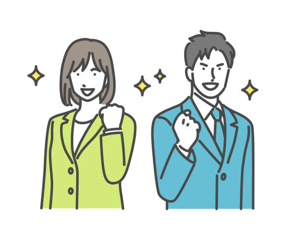мужчина и женщина в костюмах, которые победные позируют с улыбкой - job search illustrations stock illustrations