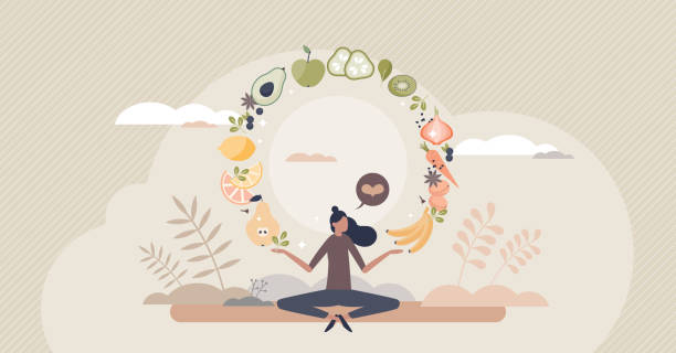 Mindful eating and daily diet with harmony and balance tiny person concept Mindful eating and daily diet with harmony and balance tiny person concept. Complete full menu with healthy vegetables and fruits for body balance and fit vector illustration. Mind wellness lifestyle. healthy eating stock illustrations