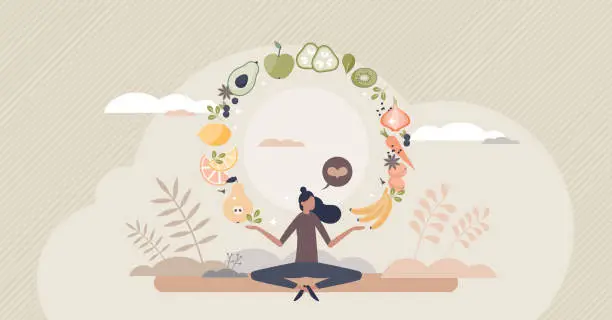 Vector illustration of Mindful eating and daily diet with harmony and balance tiny person concept